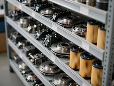Straight-angle close-up of organised automotive parts shelving, labelled bins with brake components and filters arranged in rows, even workshop daylight, no people, industrial precision framing