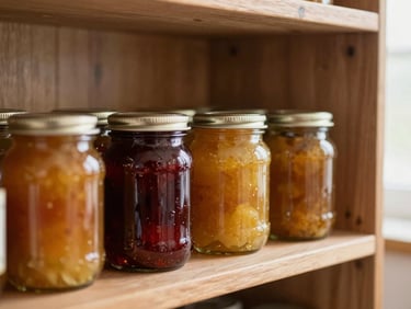 Artisanal glass jars of homemade fruit preserves and jams on a wooden pantry shelf, warm rustic kitchen setting, soft focus