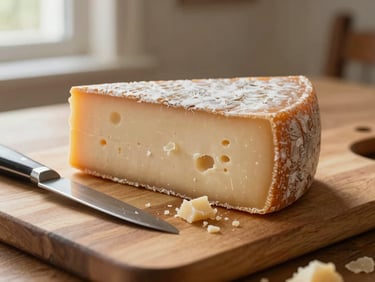 A block of aged local cheese on a wooden cutting board with a small knife, crumbs of cheese around, warm side lighting, macro shot