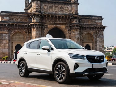 A premium white SUV parked near the Gateway of India, bright morning daylight, clean reflections on the car body, wide-angle cinematic shot