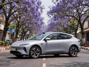 An electric hatchback parked on a clean street with blooming purple jacaranda trees in Bangalore, soft sunlight, crisp detailing