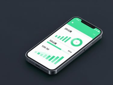 Isometric 3D render of a smartphone displaying a clean data visualization interface, glowing tech-green accent lines, dark slate background