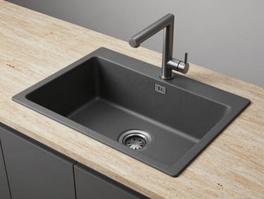 High-angle minimalist shot of an integrated charcoal gray kitchen sink installed in a warm stone countertop, crisp studio lighting.