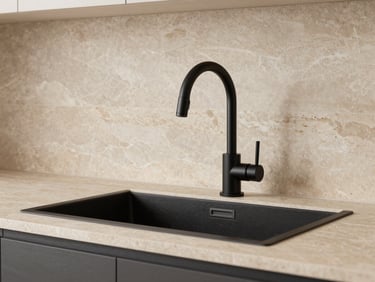 Close-up shot of an integrated kitchen sink installed in a high-end minimalist space, matte black faucet, crisp studio lighting, warm stone tones, sharp focus, 35mm