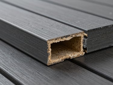 Architectural cross-section of eco-friendly WPC decking panels, highlighting the structural hollow core, crisp studio lighting, charcoal tones, sharp focus, 35mm