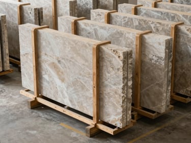 High-angle technical shot of a clean container loading bay, custom wooden A-frames securing large quartz slabs, soft natural side-light, industrial architectural photography