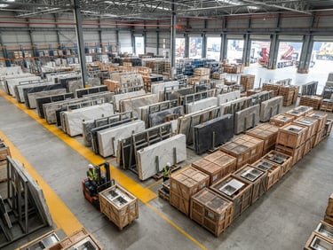 High-angle technical shot of a clean, modern Shanghai export warehouse, organized stacks of premium quartz slabs on A-frame racks, integrated kitchen sinks in crates, crisp studio lighting, warm stone and charcoal tones, sharp focus, 35mm