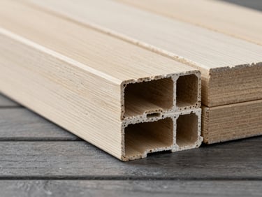 Architectural cross-section shot of a WPC decking panel, showcasing the technical hollow-core profile, clean studio lighting.