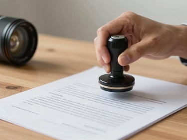 A professional hand applying an official ink stamp to a legal document on a clean wooden desk, soft natural lighting