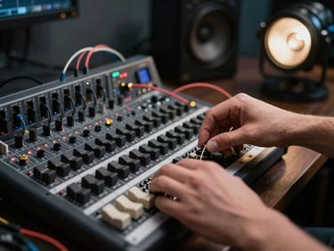 Close-up of hands routing cables on a high-end audio mixing board, moody podcast studio environment, directional spotlight.