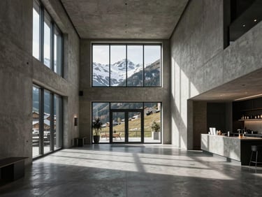 Wide environmental shot of a modern, minimalist hotel lobby in the Swiss Alps, dramatic natural window light casting long shadows on concrete walls.