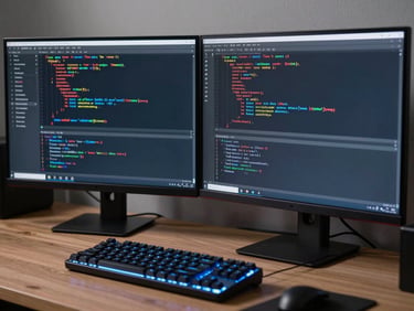 A developer's dual monitor setup showing clean code syntax, dark mode interface, soft blue glow on a mechanical keyboard.