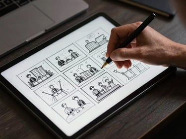 Dramatic close-up of a creative director sketching cinematic storyboards on a tablet, focused overhead angle, sharp contrast, professional studio desk.