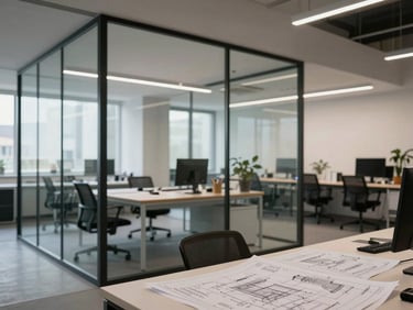 A clean architectural shot of a modern collaborative studio space, glass walls, technical blueprints visible on a desk.