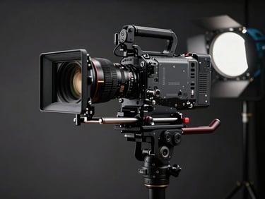 A professional cinema camera rigged on a stabilizer, dramatic studio lighting with deep shadows, high-contrast setup.