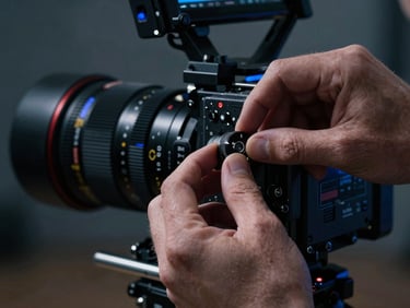 Extreme close-up of a director adjusting a cinematic camera lens dial, dramatic low-key lighting with sharp cobalt highlights.