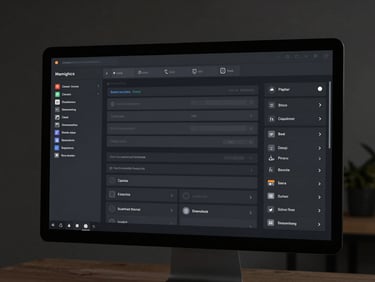 Clean, un-rendered interface of a modern web platform shown on a high-fidelity display, dark mode UI, precise lines.