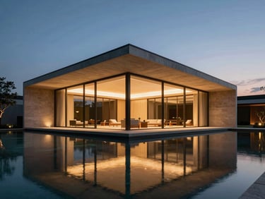 Cinematic wide-angle architectural shot of a minimalist luxury resort pavilion at dusk, warm interior lights reflecting on a still pool, sharp geometric lines.