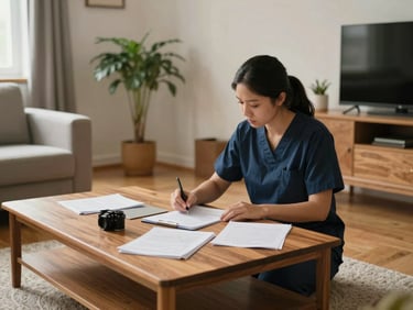 Wide interior shot of a quiet residential common room in natural daylight, a support worker seated at a low table with documents and handwritten notes visible, looking attentively at materials, warm wood furniture and a plant in the background, calm and purposeful atmosphere