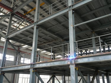 Multi-level mezzanine floor structural steel framing inside a massive factory, clean welds.