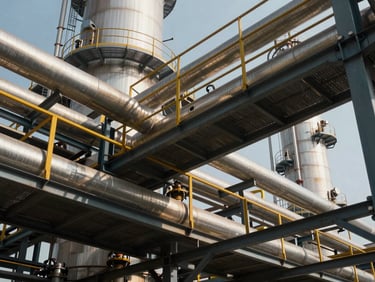 Heavy pipe racks and structural steel walkways in a chemical processing facility.