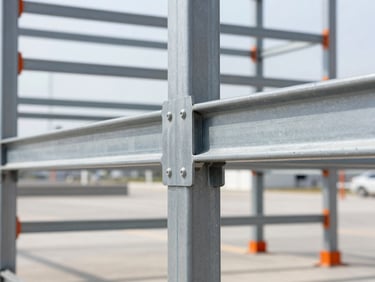 Sharp macro shot of structural steel racking joints, crisp industrial lighting, cool tones