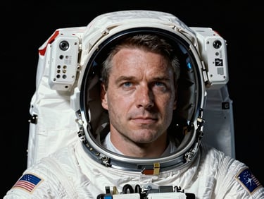 Close-up portrait of astronaut Reid Wiseman in a white NASA flight suit, looking confident, stark black background, dramatic key lighting.