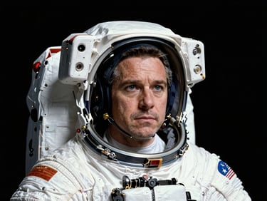 Close-up portrait of astronaut Jeremy Hansen in a white NASA flight suit, looking resolute, stark black background, dramatic key lighting.