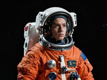 An authentic, unposed portrait of an Artemis II astronaut in a bright orange launch and entry suit, looking thoughtfully off-camera, dramatic key lighting, dark background