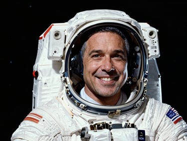 Close-up portrait of astronaut Victor Glover in a white NASA flight suit, smiling warmly, stark black background, dramatic key lighting.