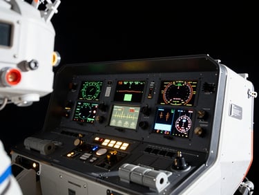Close-up of Orion spacecraft interior control panels with glowing telemetry displays, crisp technical details, warm lab lighting, cinematic space photography