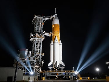 Cinematic wide shot of the massive SLS rocket standing on Launch Pad 39B under dramatic searchlights at twilight, high-contrast, 70mm anamorphic lens