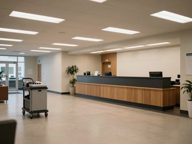 Wide environmental shot of a commercial lobby interior mid-cleaning, cleaning cart visible to one side, empty reception area with hard floors under even overhead fluorescent lighting, no people, calm operational atmosphere
