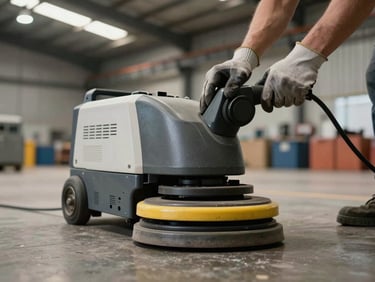 Close-up of gloved hands operating a floor buffer machine on a wide industrial warehouse floor, overhead warehouse lighting, no faces, equipment and technique in focus