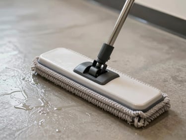 Close-up overhead shot of a commercial floor mop head moving across a polished vinyl hallway floor, wet streaks visible, even overhead lighting, no people visible — only hands and equipment at work
