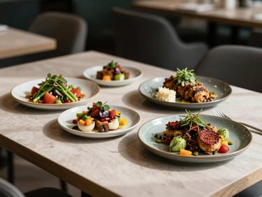 Aesthetic table setting in a modern restaurant, plates with colorful organic dishes, soft shadows, cozy Scandinavian atmosphere