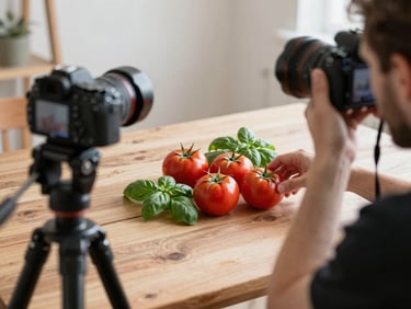 Behind the scenes: photographer adjusting a flatlay of fresh organic tomatoes and basil on a rustic table, camera on a tripod