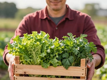 Local farmer in natural light, smiling, holding a wooden crate full of fresh green lettuce and herbs, warm daylight