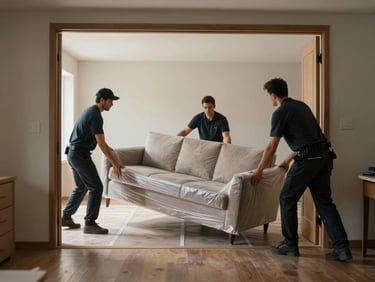 Wide environmental shot of movers carefully tilting a wrapped sofa through a doorway, protective floor runners visible, interior space with neutral walls, even ambient light