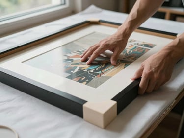 Close-up of hands wrapping a framed artwork in thick padded moving blanket on a flat surface, natural daylight from a side window, protective foam corner visible at frame edge