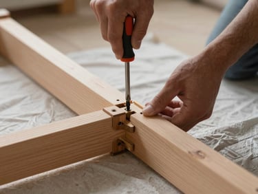 Close-up of hands using a screwdriver to dismantle a wooden bed frame joint, workshop floor with protective blankets spread underneath, soft natural sidelight