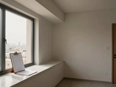 Wide shot of an empty Dubai apartment room before packing begins, a clipboard with a printed checklist resting on the windowsill, soft daylight flooding in, neutral warm gray walls