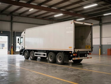 Wide shot of a warehouse loading bay, a single moving truck backed into the bay with its cargo doors open, empty interior visible, soft diffused industrial lighting, organized floor markings