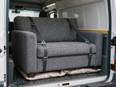 Close-up of a heavy sofa being secured with ratchet straps inside a white moving truck, protective padding visible beneath the fabric, diffused warehouse lighting, clean truck interior