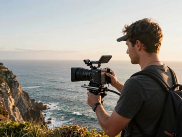 Travel creator mid-shoot on a coastal cliff — hands steady on a cinema camera mounted to a shoulder rig, ocean horizon behind, golden hour sidelight, wide environmental frame