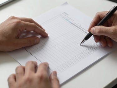 Extreme close-up overhead shot of hands turning pages of a spreadsheet printout on a white desk, a pen resting on the paper, studio strobe lighting creating crisp shadows on document columns and rows, precise editorial framing