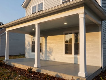 Wide shot of a finished covered porch on a two-story Delaware home at golden hour, white painted columns, tongue-and-groove wood ceiling with recessed lights, composite floor, viewed from the front yard showing the full porch width across the home facade
