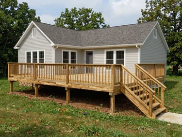 Wide-angle shot of a newly completed pressure-treated wood deck attached to a Delaware home, photographed in afternoon daylight, showing full deck structure, stairs, and railing against green lawn