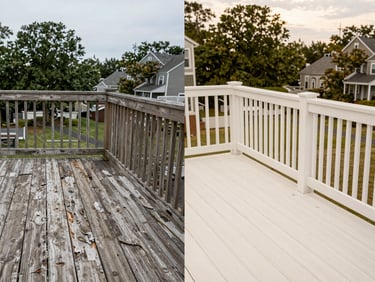 Side-by-side diptych: left half shows weathered gray rotting deck boards with a cracked railing in flat overcast light; right half shows the same deck area after repair with fresh composite boards and a clean painted railing in warm daylight, Delaware residential backyard visible