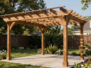 Daylight environmental photo of a freestanding wood pergola over a backyard patio in Delaware — lattice roof, clean post-and-beam joinery, garden visible in background, afternoon sun casting shadows through the structure